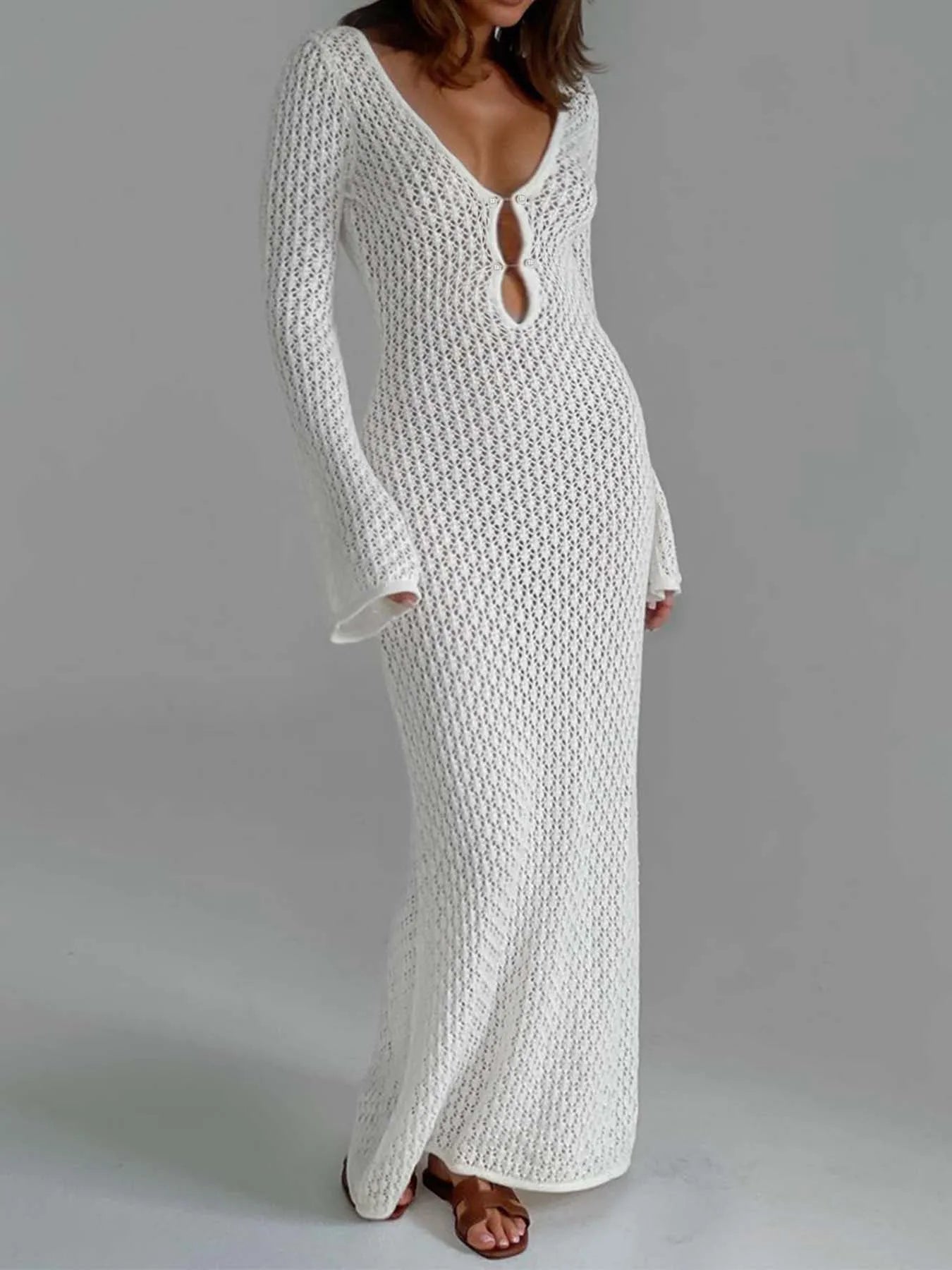 White Sheer Knit Beach Dress for Women | Elegant Backless Cover-Up with Deep V-Neck
