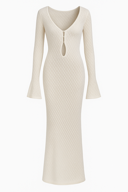 White Sheer Knit Beach Dress for Women | Elegant Backless Cover-Up with Deep V-Neck