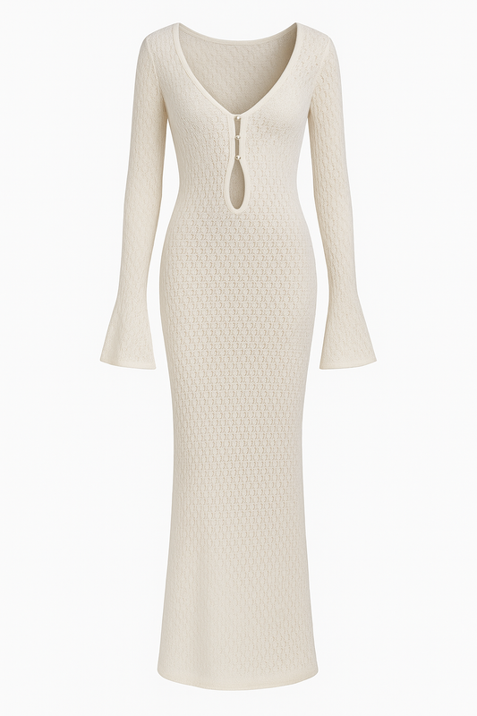 White Sheer Knit Beach Dress for Women | Elegant Backless Cover-Up with Deep V-Neck