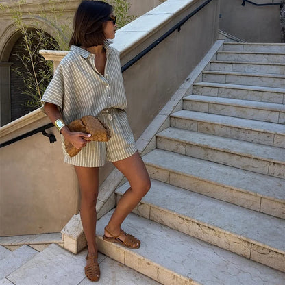 Refined Striped Shorts Set – Effortless Elegance in a Chic Silhouette