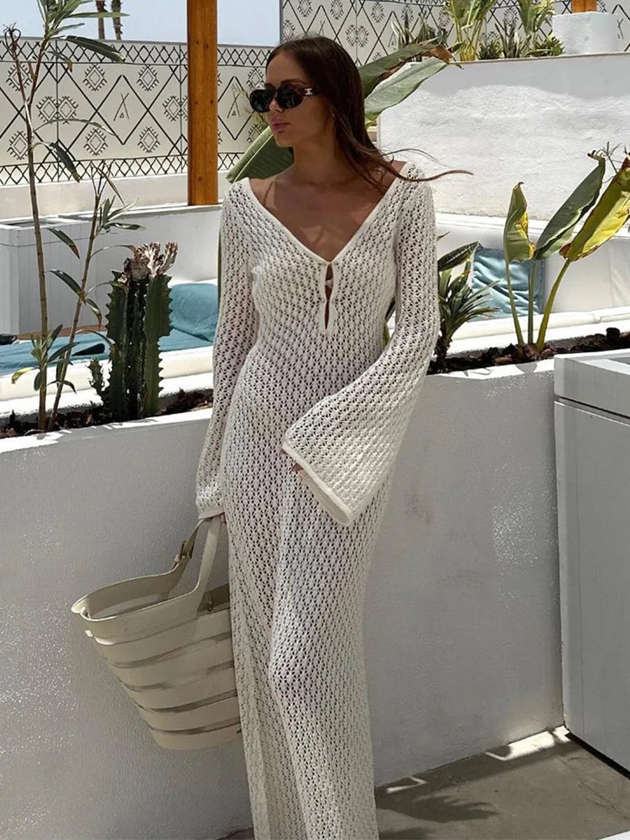 White Sheer Knit Beach Dress for Women | Elegant Backless Cover-Up with Deep V-Neck