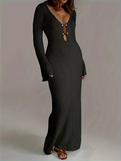 White Sheer Knit Beach Dress for Women | Elegant Backless Cover-Up with Deep V-Neck